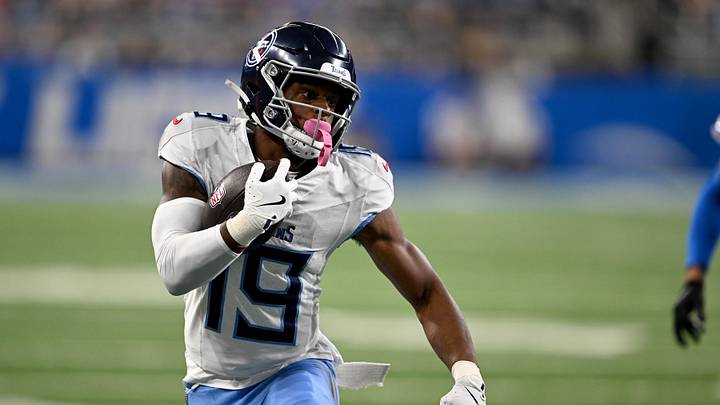 Oct 27, 2024; Detroit, Michigan, USA; Tennessee Titans wide receiver Jha'Quan Jackson (19) runs upfield after making a catch against the Detroit Lions in the first quarter at Ford Field. Mandatory Credit: Lon Horwedel-Imagn Images