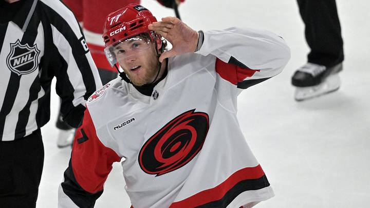 May 27, 2026; Montreal, Quebec, CAN; Carolina Hurricanes left wing Mark Jankowski (77) reacts during the third period in game four of the Eastern Conference Final of the 2026 Stanley Cup Playoffs at Bell Centre. Mandatory Credit: Eric Bolte-Imagn Images