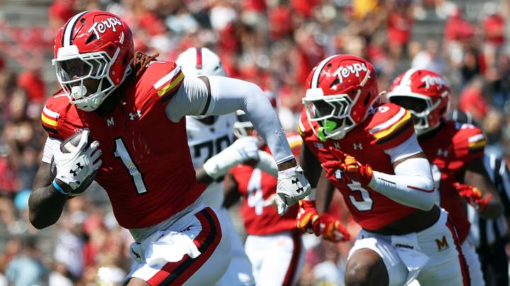Aug 30, 2025; College Park, Maryland, USA; Maryland Terrapins linebacker Daniel Wingate (1) intercepts a pass for a touchdown during the first half against the Florida Atlantic Owls at SECU Stadium. Mandatory Credit: Daniel Kucin Jr.-Imagn Images Aug 30, 2025; College Park, Maryland, USA; Maryland Terrapins linebacker Daniel Wingate (1) intercepts a pass for a touchdown during the first half against the Florida Atlantic Owls at SECU Stadium. Mandatory Credit: Daniel Kucin Jr.-Imagn Images