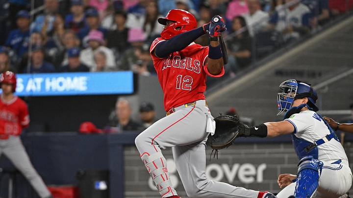 May 9, 2026; Toronto, Ontario, CAN; Los Angeles Angels designated hitter Jorge Soler (12) hits a double in the second inning against the Los Angeles Angels at Rogers Centre. Mandatory Credit: Gerry Angus-Imagn Images