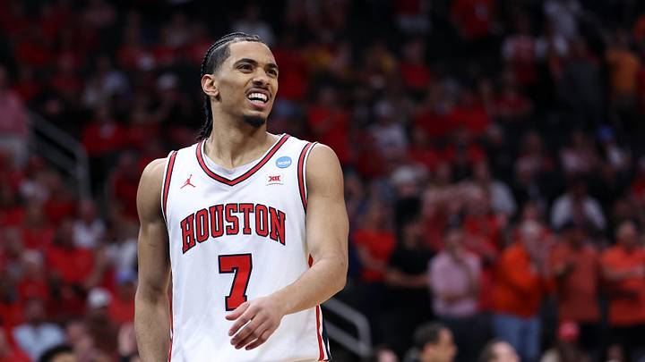 Mar 26, 2026; Houston, TX, USA; Houston Cougars guard Milos Uzan (7) reacts in the first half during a Sweet Sixteen game of the South Regional of the men's 2026 NCAA Tournament at Toyota Center. Mandatory Credit: Troy Taormina-Imagn Images Mar 26, 2026; Houston, TX, USA; Houston Cougars guard Milos Uzan (7) reacts in the first half during a Sweet Sixteen game of the South Regional of the men's 2026 NCAA Tournament at Toyota Center. Mandatory Credit: Troy Taormina-Imagn Images