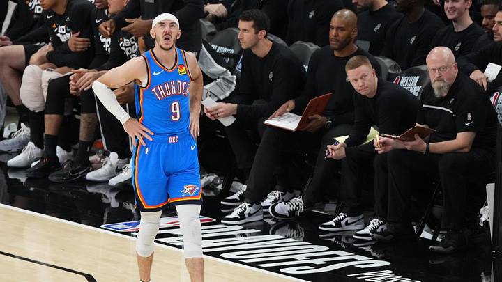 May 22, 2026; San Antonio, Texas, USA; Oklahoma City Thunder guard Alex Caruso (9) reacts against the San Antonio Spurs in the second half during game three of the western conference finals for the 2026 NBA playoffs at Frost Bank Center. Mandatory Credit: Scott Wachter-Imagn Images May 22, 2026; San Antonio, Texas, USA; Oklahoma City Thunder guard Alex Caruso (9) reacts against the San Antonio Spurs in the second half during game three of the western conference finals for the 2026 NBA playoffs at Frost Bank Center. Mandatory Credit: Scott Wachter-Imagn Images