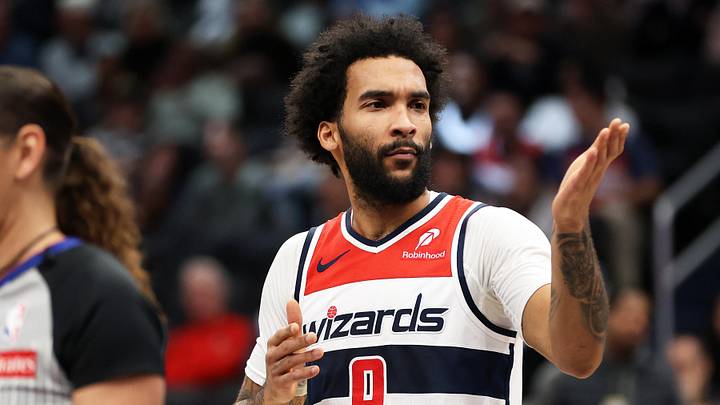 Jan 6, 2026; Washington, District of Columbia, USA; Washington Wizards forward Justin Champagnie (9) looks on during the second half against the Orlando Magic at Capital One Arena. Mandatory Credit: Daniel Kucin Jr.-Imagn Images