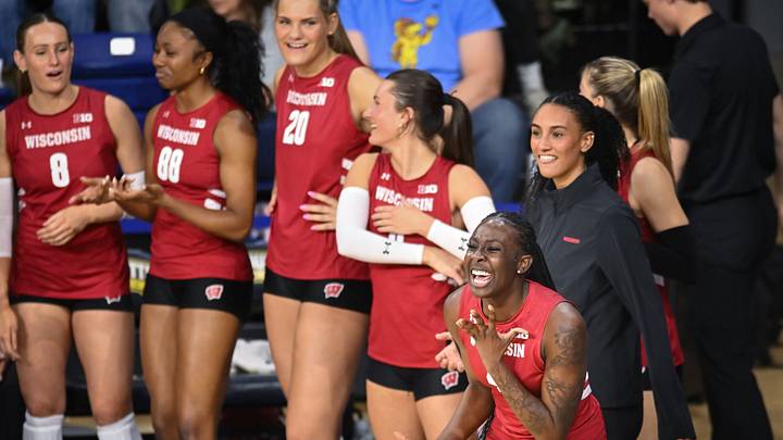 Wisconsin middle blocker Jaela Auguste (4) celebrates a point against Marquette in a spring match Monday, March 23, 2026, at the Al McGuire Center in Milwaukee, Wisconsin.