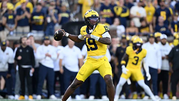 Sep 5, 2026; Ann Arbor, Michigan, USA;  Michigan quarterback Bryce Underwood (19) throws a pass against Western Michigan in the first quarter at Michigan Stadium.  Mandatory Credit: Lon Horwedel-Imagn Images