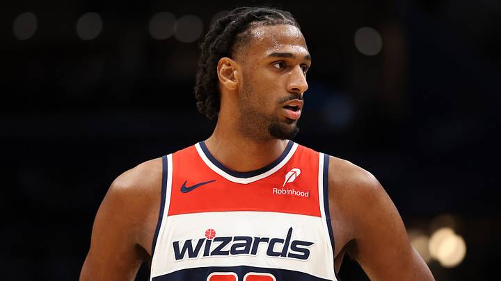 Jan 27, 2026; Washington, District of Columbia, USA; Washington Wizards center Alex Sarr (20) looks on during the second half against the Portland Trail Blazers at Capital One Arena. Mandatory Credit: Daniel Kucin Jr.-Imagn Images