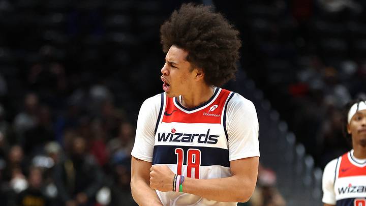 Jan 27, 2026; Washington, District of Columbia, USA; Washington Wizards forward Kyshawn George (18) celebrates during the second half against the Portland Trail Blazers at Capital One Arena. Mandatory Credit: Daniel Kucin Jr.-Imagn Images