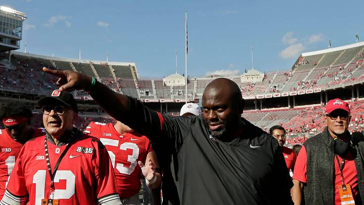 Ohio State associate head coach Larry Johnson points to fans as he leaves the field following a 66-17 win over the Maryland Terrapins in Saturday's NCAA Division I football game at Ohio Stadium in Columbus on October 9, 2021.
Osu21mary Bjp 1697 Ohio State associate head coach Larry Johnson points to fans as he leaves the field following a 66-17 win over the Maryland Terrapins in Saturday's NCAA Division I football game at Ohio Stadium in Columbus on October 9, 2021.
Osu21mary Bjp 1697