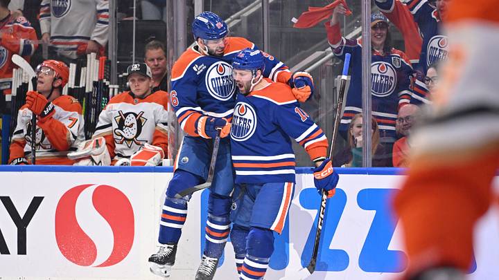 Apr 20, 2026; Edmonton, Alberta, CAN; Edmonton Oilers defenseman Jake Walman (96) and center Jason Dickinson (16) celebrate a goal on the Anaheim Ducks in game one of the first round of the 2026 Stanley Cup Playoffs during the first period at Rogers Place. Mandatory Credit: Walter Tychnowicz-Imagn Images