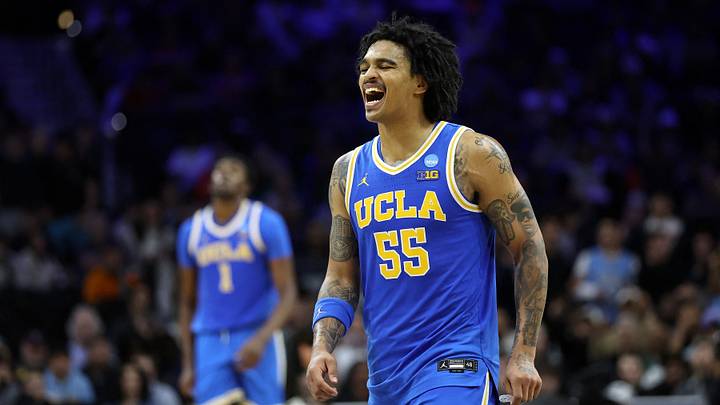 Mar 22, 2026; Philadelphia, PA, USA; UCLA Bruins guard Skyy Clark (55) reacts against the UConn Huskies in the second half during a second round game of the men's 2026 NCAA Tournament at Xfinity Mobile Arena. Mandatory Credit: Bill Streicher-Imagn Images