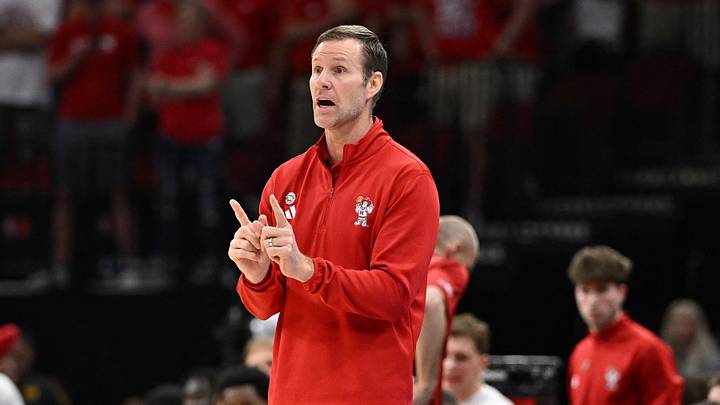 Mar 26, 2026; Houston, TX, USA; Nebraska Cornhuskers head coach Fred Hoiberg reacts in the first half during a Sweet Sixteen game of the South Regional of the men's 2026 NCAA Tournament at Toyota Center. Mandatory Credit: Maria Lysaker-Imagn Images