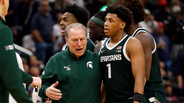 Mar 27, 2026; Washington, DC, USA; Michigan State Spartans head coach Tom Izzo talks with guard Jeremy Fears Jr. (1) in the second half during a Sweet Sixteen game of the East Regional of the men's 2026 NCAA Tournament at Capital One Arena. Mandatory Credit: Geoff Burke-Imagn Images