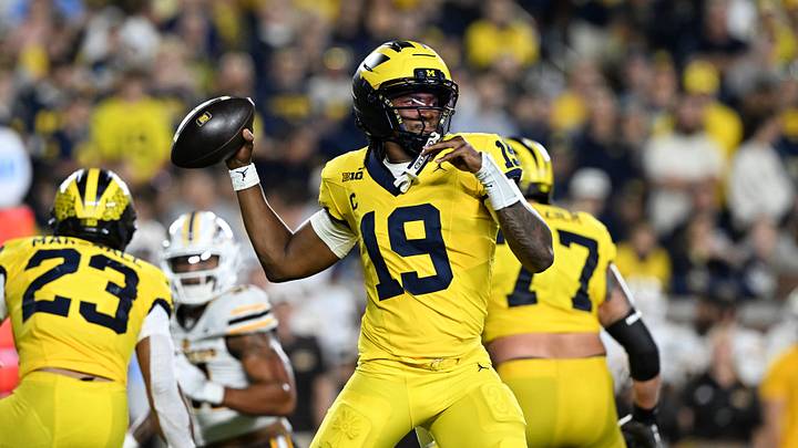 Sep 5, 2026; Ann Arbor, Michigan, USA;  Michigan quarterback Bryce Underwood (19) throws an interception against Western Michigan in the second quarter at Michigan Stadium.  Mandatory Credit: Lon Horwedel-Imagn Images