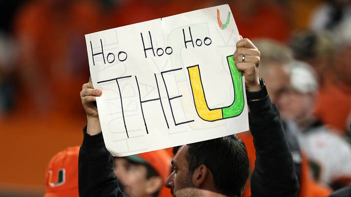 Jan 19, 2026; Miami Gardens, FL, USA; Miami Hurricanes fans hold signs up before the College Football Playoff National Championship game at Hard Rock Stadium. Mandatory Credit: Nathan Ray Seebeck-Imagn Images