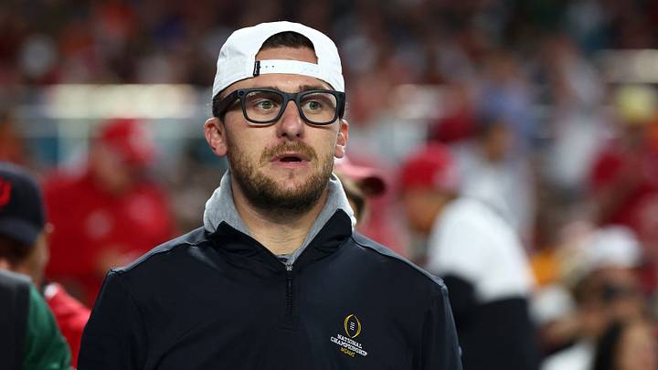 Jan 19, 2026; Miami Gardens, FL, USA; Former Texas A&M quarterback Johnny Manziel in the first half during the College Football Playoff National Championship game at Hard Rock Stadium. Mandatory Credit: Mark J. Rebilas-Imagn Images
