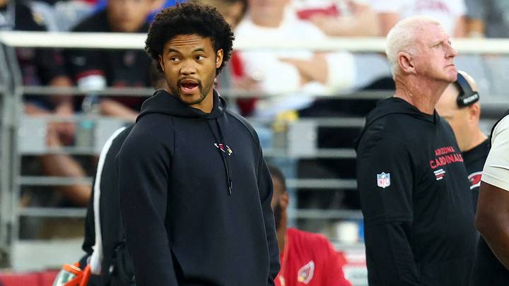 Dec 7, 2025; Glendale, Arizona, USA; Arizona Cardinals quarterback Kyler Murray (1) on the side line against the Los Angeles Rams during the second half at State Farm Stadium. Mandatory Credit: Mark J. Rebilas-Imagn Images
