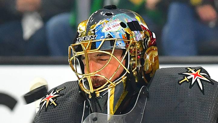 Jun 16, 2021; Las Vegas, Nevada, USA; Vegas Golden Knights goaltender Marc-Andre Fleury (29) reacts as a shot glances off his shoulder during the first period against the Montreal Canadiens in game two of the 2021 Stanley Cup Semifinals at T-Mobile Arena. Mandatory Credit: Stephen R. Sylvanie-USA TODAY Sports