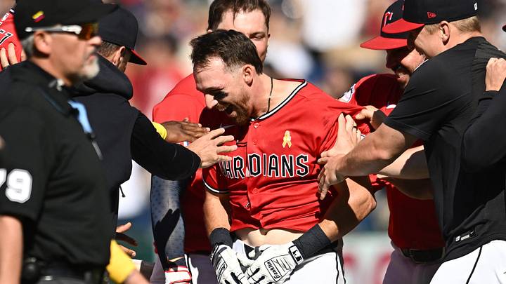 Sep 6, 2026: Cleveland Guardians center fielder Daniel Schneemann (10) celebrates with teammates after hitting a game-wining RBI single during the tenth inning against the Detroit Tigers at Progressive Field. Credit: Ken Blaze-Imagn Images Sep 6, 2026: Cleveland Guardians center fielder Daniel Schneemann (10) celebrates with teammates after hitting a game-wining RBI single during the tenth inning against the Detroit Tigers at Progressive Field. Credit: Ken Blaze-Imagn Images