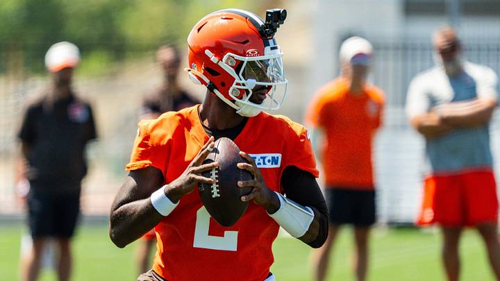 Cleveland Browns quarterback Shedeur Sanders (2) works through drills during the second day of training camp, July 30, 2026, in Berea, Ohio.