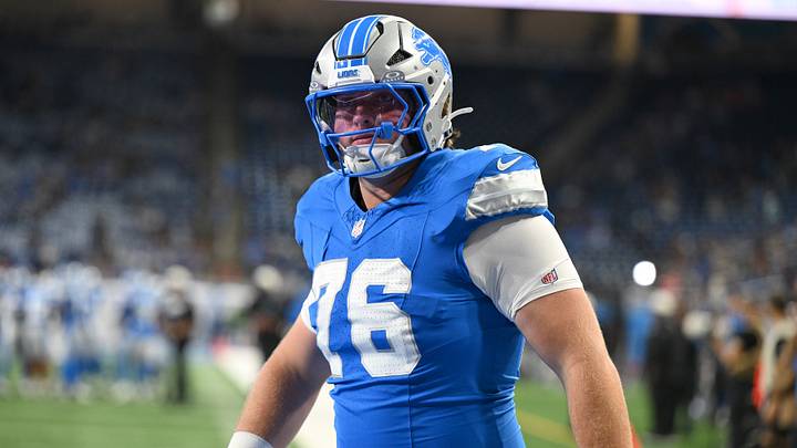 Aug 22, 2026; Detroit, Michigan, USA; Detroit Lions offensive tackle Blake Miller (76) during pregame warmups before their game against the Washington Commanders at Ford Field. Mandatory Credit: Lon Horwedel-Imagn Images