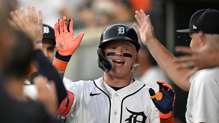 Aug 25, 2026; Detroit, Michigan, USA;  Detroit Tigers center fielder Max Clark (15) celebrates in the dugout after hitting a two-run home run against the Tampa Bay Rays in the fifth inning at Comerica Park.  Mandatory Credit: Lon Horwedel-Imagn Images