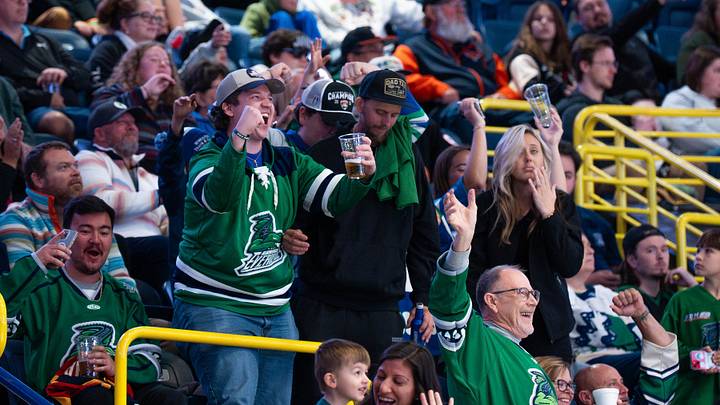 Fans cheer at the Florida Everblades vs. Orlando Solar Bears at Hertz Arena in Estero on Friday, Jan 2, 2025. The teams are back playing after a short lived strike. The Everblades played in Peanuts uniforms. Fans cheer at the Florida Everblades vs. Orlando Solar Bears at Hertz Arena in Estero on Friday, Jan 2, 2025. The teams are back playing after a short lived strike. The Everblades played in Peanuts uniforms.