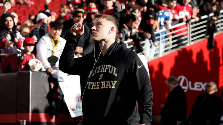 Jan 3, 2026; Santa Clara, California, USA; San Francisco 49ers running back Christian McCaffrey (23) before the game at Levi's Stadium. Mandatory Credit: Sergio Estrada-Imagn Images Jan 3, 2026; Santa Clara, California, USA; San Francisco 49ers running back Christian McCaffrey (23) before the game at Levi's Stadium. Mandatory Credit: Sergio Estrada-Imagn Images