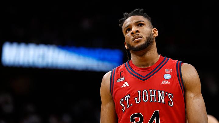 Mar 27, 2026; Washington, DC, USA; St. John's Red Storm forward Zuby Ejiofor (24) reacts after losing to Duke Blue Devils during a Sweet Sixteen game of the East Regional of the men's 2026 NCAA Tournament at Capital One Arena. Mandatory Credit: Geoff Burke-Imagn Images