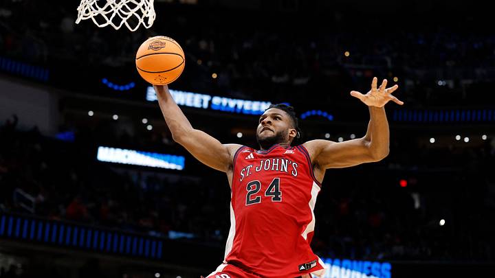 Mar 27, 2026; Washington, DC, USA; St. John's Red Storm forward Zuby Ejiofor (24) goes in for a dunk against the Duke Blue Devils in the second half during a Sweet Sixteen game of the East Regional of the men's 2026 NCAA Tournament at Capital One Arena. Mandatory Credit: Amber Searls-Imagn Images Mar 27, 2026; Washington, DC, USA; St. John's Red Storm forward Zuby Ejiofor (24) goes in for a dunk against the Duke Blue Devils in the second half during a Sweet Sixteen game of the East Regional of the men's 2026 NCAA Tournament at Capital One Arena. Mandatory Credit: Amber Searls-Imagn Images