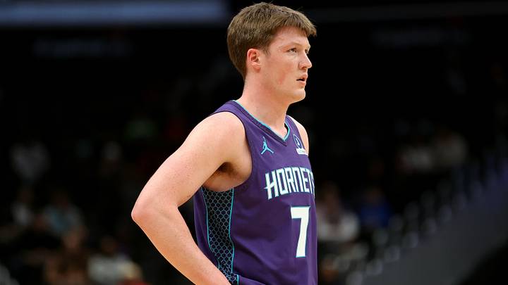 Feb 22, 2026; Washington, District of Columbia, USA; Charlotte Hornets guard Kon Knueppel (7) looks on during the first half against the Washington Wizards at Capital One Arena. Mandatory Credit: Daniel Kucin Jr.-Imagn Images