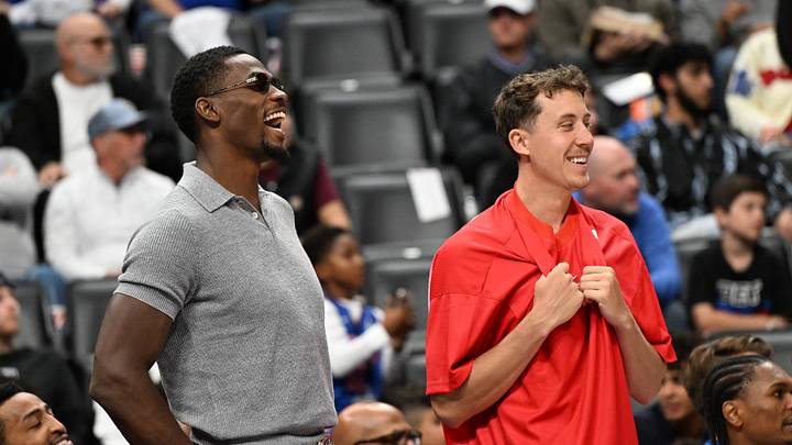 Oct 5, 2026; Detroit, Michigan, USA; Detroit Pistons center Jalen Duren (left) and Detroit Pistons forward Duncan Robinson (55) share a laugh on the bench during the Pistons' game against the Phoenix Suns in the third quarter at Little Caesars Arena. Mandatory Credit: Lon Horwedel-Imagn Images Oct 5, 2026; Detroit, Michigan, USA; Detroit Pistons center Jalen Duren (left) and Detroit Pistons forward Duncan Robinson (55) share a laugh on the bench during the Pistons' game against the Phoenix Suns in the third quarter at Little Caesars Arena. Mandatory Credit: Lon Horwedel-Imagn Images