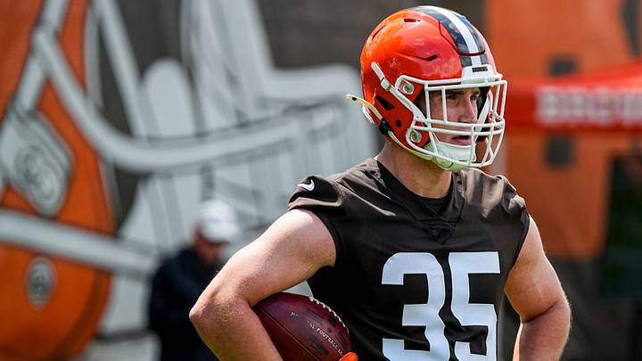 Cleveland Browns linebacker Reid Carrico (35) during the first day of rookie minicamp May 8, 2026, at Cross Country Mortgage Campus in Berea, Ohio. Cleveland Browns linebacker Reid Carrico (35) during the first day of rookie minicamp May 8, 2026, at Cross Country Mortgage Campus in Berea, Ohio.