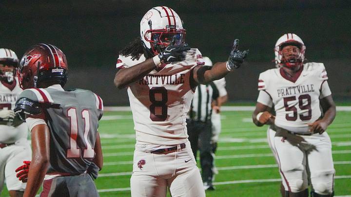 Auburn commit and Prattville's Deshawn Hall (8) celebrates a first down reception against Stanhope Elmore during their game at 17 Springs in Millbrook, Ala., on Friday August 28, 2026. Auburn commit and Prattville's Deshawn Hall (8) celebrates a first down reception against Stanhope Elmore during their game at 17 Springs in Millbrook, Ala., on Friday August 28, 2026.