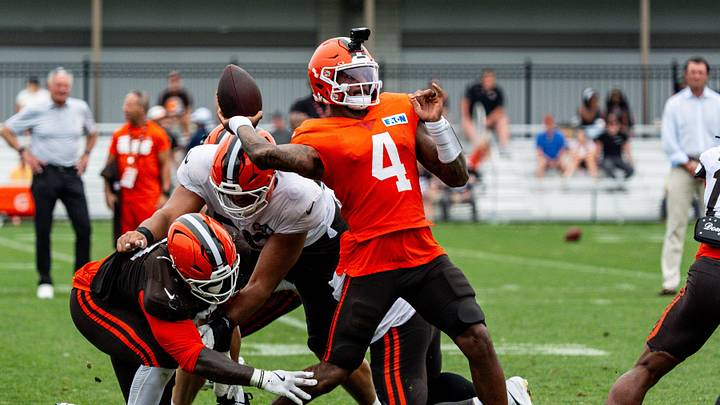Cleveland Browns quarterback Deshaun Watson (4) attempts to throw a pass during day 12 of training camp, Aug. 11, 2026, in Berea, Ohio. Cleveland Browns quarterback Deshaun Watson (4) attempts to throw a pass during day 12 of training camp, Aug. 11, 2026, in Berea, Ohio.