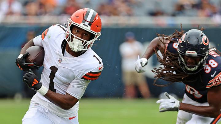 Aug 15, 2026; Chicago, Illinois, USA; Cleveland Browns wide receiver Kc Concepcion (1) makes a catch past Chicago Bears safety Skyler Thomas (38) during the first half at Soldier Field. Mandatory Credit: Mike Dinovo-Imagn Images Aug 15, 2026; Chicago, Illinois, USA; Cleveland Browns wide receiver Kc Concepcion (1) makes a catch past Chicago Bears safety Skyler Thomas (38) during the first half at Soldier Field. Mandatory Credit: Mike Dinovo-Imagn Images