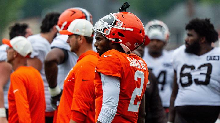 Cleveland Browns quarterback Shedeur Sanders takes in the few remaining minutes of day 12 of training camp on Aug. 11, 2026, in Berea, Ohio. Cleveland Browns quarterback Shedeur Sanders takes in the few remaining minutes of day 12 of training camp on Aug. 11, 2026, in Berea, Ohio.