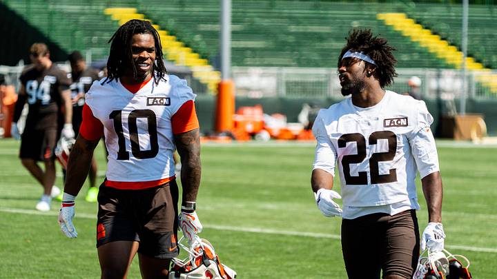 Cleveland Browns running backs Quinshon Judkins (10) and Dylan Sampson (22) walk off the field at the conclusion of the second day of training camp, July 30, 2026, in Berea, Ohio. Cleveland Browns running backs Quinshon Judkins (10) and Dylan Sampson (22) walk off the field at the conclusion of the second day of training camp, July 30, 2026, in Berea, Ohio.