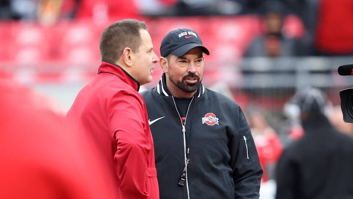 Nov 23, 2024; Columbus, Ohio, USA; Ohio State Buckeyes head coach Ryan Day(right) and Indiana Hoosiers head coach Curt Cignetti meet at midfield before the game at Ohio Stadium. Mandatory Credit: Joseph Maiorana-Imagn Images Nov 23, 2024; Columbus, Ohio, USA; Ohio State Buckeyes head coach Ryan Day(right) and Indiana Hoosiers head coach Curt Cignetti meet at midfield before the game at Ohio Stadium. Mandatory Credit: Joseph Maiorana-Imagn Images