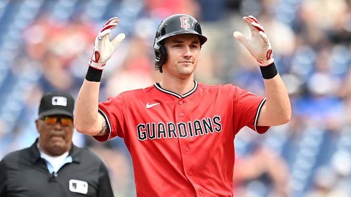 Sep 3, 2026; Cleveland, Ohio, USA; Cleveland Guardians right fielder Chase DeLauter (24) celebrates after hitting a double during the first inning against the Toronto Blue Jays at Progressive Field. Mandatory Credit: Ken Blaze-Imagn Images Sep 3, 2026; Cleveland, Ohio, USA; Cleveland Guardians right fielder Chase DeLauter (24) celebrates after hitting a double during the first inning against the Toronto Blue Jays at Progressive Field. Mandatory Credit: Ken Blaze-Imagn Images