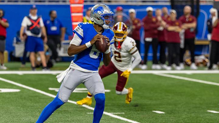 Aug 22, 2026; Detroit, Michigan, USA;  Detroit Lions quarterback Joshua Dobbs (6) looks downfield to throw the ball in the first quarter against the Washington Commanders at Ford Field.  Mandatory Credit: David Reginek-Imagn Images
