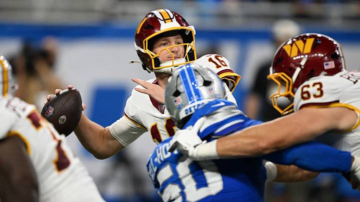 Aug 22, 2026; Detroit, Michigan, USA; Washington Commanders quarterback Athan Kaliakmanis (16) throws a pass against the Detroit Lions in the third quarter at Ford Field. Mandatory Credit: Lon Horwedel-Imagn Images Aug 22, 2026; Detroit, Michigan, USA; Washington Commanders quarterback Athan Kaliakmanis (16) throws a pass against the Detroit Lions in the third quarter at Ford Field. Mandatory Credit: Lon Horwedel-Imagn Images