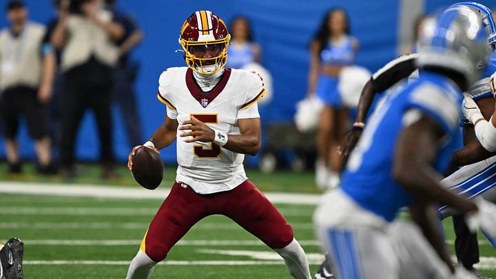 Aug 22, 2026; Detroit, Michigan, USA; Washington Commanders quarterback Jayden Daniels (5) tries to avoid being sacked against the Detroit Lions in the first quarter at Ford Field. Mandatory Credit: Lon Horwedel-Imagn Images Aug 22, 2026; Detroit, Michigan, USA; Washington Commanders quarterback Jayden Daniels (5) tries to avoid being sacked against the Detroit Lions in the first quarter at Ford Field. Mandatory Credit: Lon Horwedel-Imagn Images