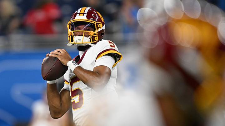 Aug 22, 2026; Detroit, Michigan, USA; Washington Commanders quarterback Jayden Daniels (5) throws passes during pregame warmups before their preseason game against the Detroit Lions at Ford Field. Mandatory Credit: Lon Horwedel-Imagn Images Aug 22, 2026; Detroit, Michigan, USA; Washington Commanders quarterback Jayden Daniels (5) throws passes during pregame warmups before their preseason game against the Detroit Lions at Ford Field. Mandatory Credit: Lon Horwedel-Imagn Images