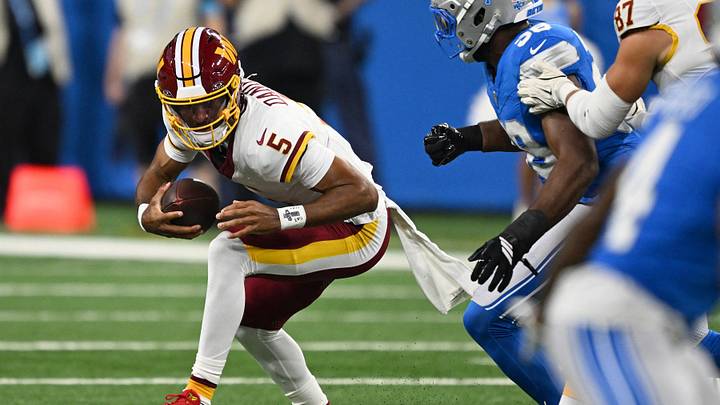 Aug 22, 2026; Detroit, Michigan, USA; Washington Commanders quarterback Jayden Daniels (5) tries to avoid being sacked against the Detroit Lions in the first quarter at Ford Field. Mandatory Credit: Lon Horwedel-Imagn Images Aug 22, 2026; Detroit, Michigan, USA; Washington Commanders quarterback Jayden Daniels (5) tries to avoid being sacked against the Detroit Lions in the first quarter at Ford Field. Mandatory Credit: Lon Horwedel-Imagn Images