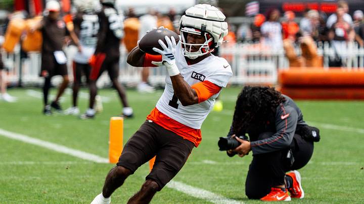Cleveland Browns wide receiver KC Concepcion (1) catches a pass during day 12 of training camp, Aug. 11, 2026, in Berea, Ohio. Cleveland Browns wide receiver KC Concepcion (1) catches a pass during day 12 of training camp, Aug. 11, 2026, in Berea, Ohio.