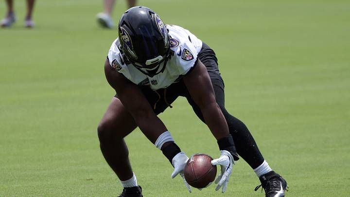 Jun 10, 2025; Baltimore, MD, USA; Baltimore Ravens linebacker Chandler Martin (48) picks up a loose ball during an NFL OTA at Under Armour Performance Center. Jun 10, 2025; Baltimore, MD, USA; Baltimore Ravens linebacker Chandler Martin (48) picks up a loose ball during an NFL OTA at Under Armour Performance Center.