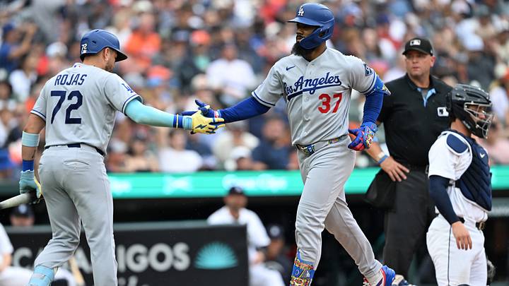 Aug 30, 2026; Detroit, Michigan, USA; Los Angeles Dodgers left fielder Teoscar Hernandez (37) celebrates at home plate with third baseman Miguel Rojas (72) after hitting a two-run home run against the Detroit Tigers in the sixth inning at Comerica Park. Mandatory Credit: Lon Horwedel-Imagn Images Aug 30, 2026; Detroit, Michigan, USA; Los Angeles Dodgers left fielder Teoscar Hernandez (37) celebrates at home plate with third baseman Miguel Rojas (72) after hitting a two-run home run against the Detroit Tigers in the sixth inning at Comerica Park. Mandatory Credit: Lon Horwedel-Imagn Images