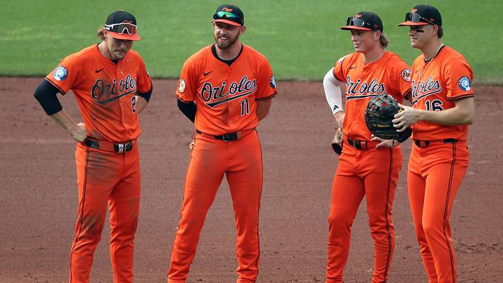 Jun 14, 2025; Baltimore, Maryland, USA; Baltimore Orioles shortstop Gunnar Henderson (2), Baltimore Orioles third baseman Jordan Westburg (11), Baltimore Orioles second baseman Jackson Holliday (7) and Baltimore Orioles third baseman Coby Mayo (16) converse during the fifth inning against the Los Angeles Angels at Oriole Park at Camden Yards. Mandatory Credit: Daniel Kucin Jr.-Imagn Images