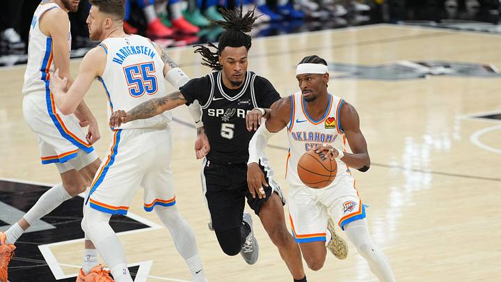 May 28, 2026; San Antonio, Texas, USA; Oklahoma City Thunder guard Shai Gilgeous-Alexander (2) dribbles the ball past San Antonio Spurs guard Stephon Castle (5) in the first half during game six of the western conference finals for the 2026 NBA playoffs at Frost Bank Center. Mandatory Credit: Daniel Dunn-Imagn Images May 28, 2026; San Antonio, Texas, USA; Oklahoma City Thunder guard Shai Gilgeous-Alexander (2) dribbles the ball past San Antonio Spurs guard Stephon Castle (5) in the first half during game six of the western conference finals for the 2026 NBA playoffs at Frost Bank Center. Mandatory Credit: Daniel Dunn-Imagn Images