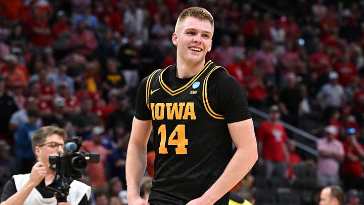 Mar 26, 2026; Houston, TX, USA;Iowa Hawkeyes guard Bennett Stirtz (14) reacts after beating the Nebraska Cornhuskers during a Sweet Sixteen game of the South Regional of the men's 2026 NCAA Tournament at Toyota Center. Mandatory Credit: Maria Lysaker-Imagn Images Mar 26, 2026; Houston, TX, USA;Iowa Hawkeyes guard Bennett Stirtz (14) reacts after beating the Nebraska Cornhuskers during a Sweet Sixteen game of the South Regional of the men's 2026 NCAA Tournament at Toyota Center. Mandatory Credit: Maria Lysaker-Imagn Images